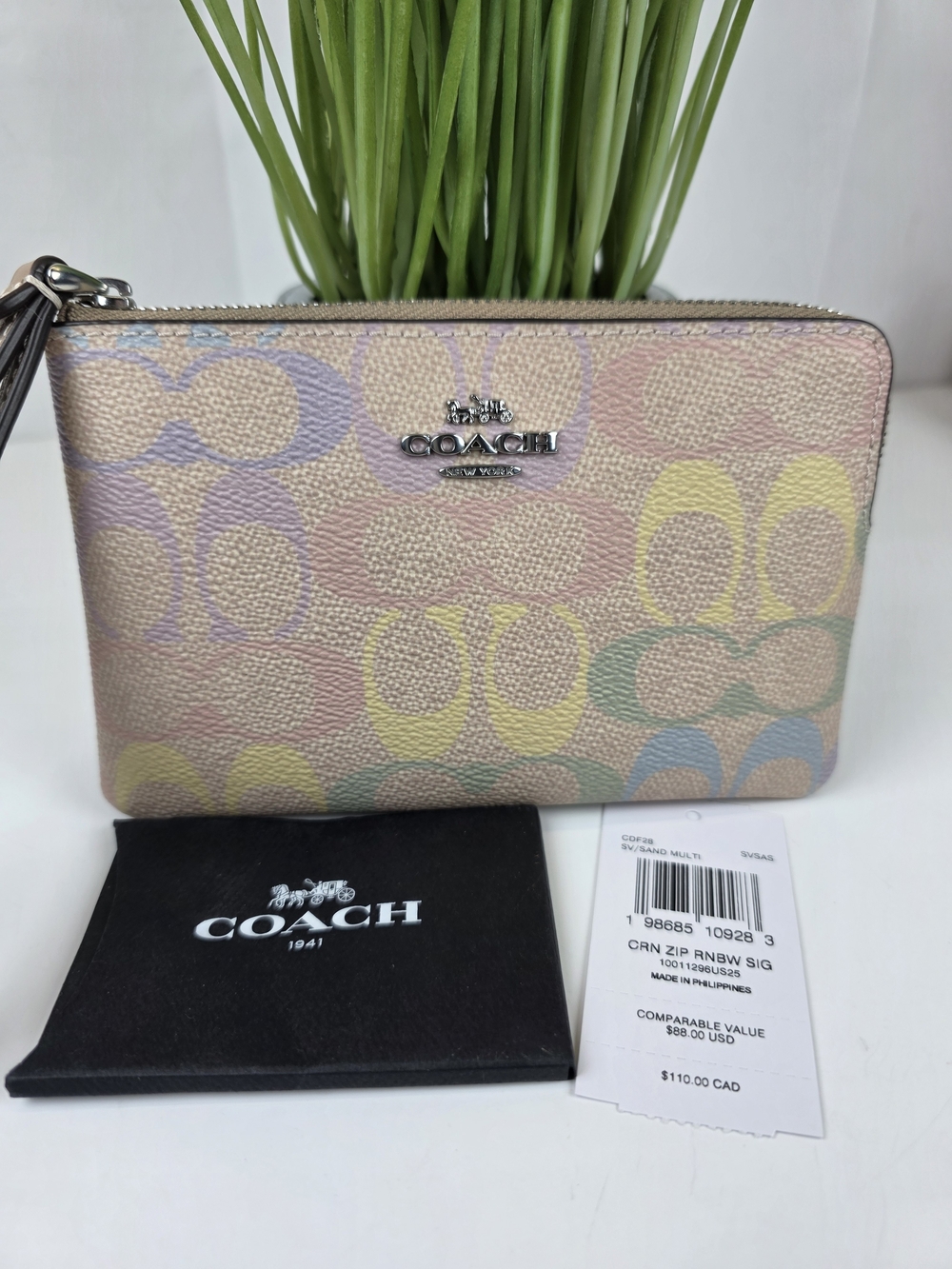 COACH Rainbow Multicolor Signature Zip Wristlet Bag Pastel Logo Print NWT